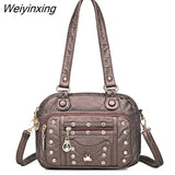Weiyinxing Quality Soft Leather Multiple Pockets Women Handbags Luxury Small Female Shoulder Messenger Bags Designer Rivet Ladies Tote