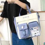 Weiyinxing Women Student Canvas Shoulder Bag High Capacity Messenger Bag Handbag Women Nylon School Bag Multiple Pockets Contrast Color Bag