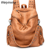 Weiyinxing Quality Rivet Soft Leather Backpacks for Women 2023 Fashion Luxury Ladies Shoulder Bag Large Capacity School Bags Backpack