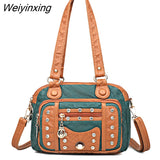 Weiyinxing Quality Soft Leather Multiple Pockets Women Handbags Luxury Small Female Shoulder Messenger Bags Designer Rivet Ladies Tote