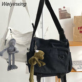 Weiyinxing Women Canvas Bag Female Buckle Zipper Messenger Bag Women High Capacity Student Solid Color Multiple Bag Travel Bag Cute Pendant