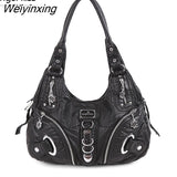 Weiyinxing Washed Shoulder Bags for Women 2023 Classic Fashion Motorcycle Soft Handbags PU Leather Shoppin Bags Chic Crossbody Bag