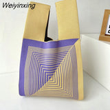 Weiyinxing Handmade Knit Handbag Women Japanese Wrist Knot Bag Wide Stripe Plaid Tote Bag Students Mini Reusable Shopping Bags