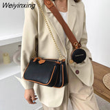 Weiyinxing chains women shoulder bags designer wide strap messenger bags luxury pu leather crossbody bag lady small purse 3 bag set