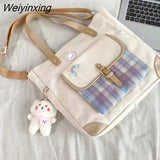 Weiyinxing Women Large Capacity One Shoulder Canvas Bag Women Handbag Shoulder Bag Checked Bag Student School Bag Tote Bag Shopper Bag