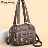 Weiyinxing Quality Soft Leather Multiple Pockets Women Handbags Luxury Small Female Shoulder Messenger Bags Designer Rivet Ladies Tote