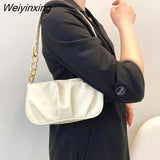 Weiyinxing Vintage Women Pleated Thick Chain Shoulder Underarm Bag Casual All-match Ladies Small Handbag Purse Pure Color Square Bags