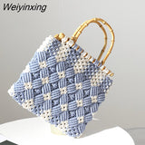 Weiyinxing Thread Crochet Women Handbags Bamboo Handle Tote Woven Bags for Women 2023 Luxury Brands Knitting Clutch Purses Flap Ins