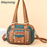 Weiyinxing Quality Soft Leather Multiple Pockets Women Handbags Luxury Small Female Shoulder Messenger Bags Designer Rivet Ladies Tote