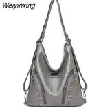 Weiyinxing Women Luxury Brand Shoulder Bag Rivet Soft Leather Handbag Multifunction Backpack Large Capacity Ladies Messenger Bag Sac a Main