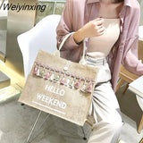 Weiyinxing Women Summer Beach Bags Handbags Large Capacity Lady Tassel Shoulder Bag Big Letter Linen Totes Casual Girls Travel Shopping Bag