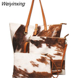 Weiyinxing FASHION Velvet Tote Bags for Women 3 Pieces Set Large Capacity Purses and Handbags Cow Printing Winter Shoulder Bags
