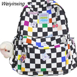 Weiyinxing Women Laptop Plaid College Bag Cute Cartoon Girl Travel Backpacks Nylon Fashion Lattice Ladies Kawaii Backpack Female School Bag