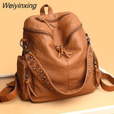 Weiyinxing Quality Rivet Soft Leather Backpacks for Women 2023 Fashion Luxury Ladies Shoulder Bag Large Capacity School Bags Backpack
