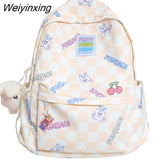 Weiyinxing Women Laptop Plaid College Bag Cute Cartoon Girl Travel Backpacks Nylon Fashion Lattice Ladies Kawaii Backpack Female School Bag