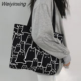 Weiyinxing Canvas Bags Handbag for Women Shopper Tote Bag Fashion Designer Bag Japanese Style Cartoon Cute Cats Small Eco Shoulder Bag