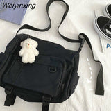Weiyinxing Women Canvas Bag Female Buckle Zipper Messenger Bag Women High Capacity Student Solid Color Multiple Bag Travel Bag Cute Pendant
