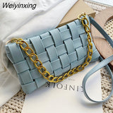 Weiyinxing Casual Leather Summer New Fashion Woven Bag Shoulder Bags for Women 2023 Solid Color Chain Lady Crossbody Handle Purses
