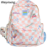 Weiyinxing Women Laptop Plaid College Bag Cute Cartoon Girl Travel Backpacks Nylon Fashion Lattice Ladies Kawaii Backpack Female School Bag