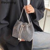 Weiyinxing Diamond Glitter Drawstring Handbags and Purses 2023 Luxury Designer Women's Mini Chain Bucket Shoulder Crossbody Bag