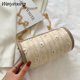 Weiyinxing Fresh Woven Bags Women Summer Fashion Texture Flower Shoulder Bag Popular Simple Cylinder Crossbody Bags for Women 2023