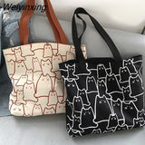 Weiyinxing Canvas Bags Handbag for Women Shopper Tote Bag Fashion Designer Bag Japanese Style Cartoon Cute Cats Small Eco Shoulder Bag
