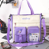 Weiyinxing Women Student Canvas Shoulder Bag High Capacity Messenger Bag Handbag Women Nylon School Bag Multiple Pockets Contrast Color Bag