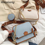 Weiyinxing chains women shoulder bags designer wide strap messenger bags luxury pu leather crossbody bag lady small purse 3 bag set