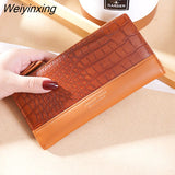 Weiyinxing New Korean Version Crocodile Pattern Long Wallet Ladies Color Matching Multi-card Pocket Thin Leather Fashion Women Purse