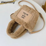 Weiyinxing Winter Solid Color Fluffy Fleece Messenger Bags for Women 2023 Retro Clasp Shoulder Crossbody Purse Flap Street Handbags
