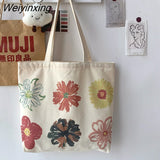Weiyinxing Women Canvas Shopping Bags Eco Friendly Reusable Handbags Female Large Capacitry Shopping Bags Casual Foldable Shoulder Bags