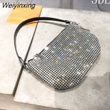 Weiyinxing Rhinestones Evening bag silver Crystal Bling Semi-Circular Top Handle Bags for Women Purses and Handbags Luxury Designer