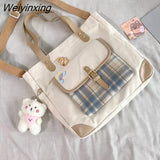 Weiyinxing Women Large Capacity One Shoulder Canvas Bag Women Handbag Shoulder Bag Checked Bag Student School Bag Tote Bag Shopper Bag