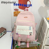 Weiyinxing Letters Embroidery Nylon Women Backpack Female Multiple Pockets Buckle Travel Bag Teenage Girls Schoolbag Preppy Bookbag