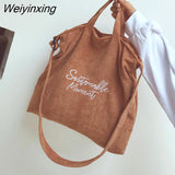 Weiyinxing New Corduroy Large-capacity Crossbody Bags for Women Literary Embroidery Tote Shoulder Bags Letter Zipper Retro Handbags