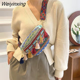 Weiyinxing Women Folk Style Waist Bags with Adjustable Strap Variegated Color Fanny Pack with Fringe Decor Pochete Feminina Riñonera Belt