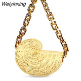 Weiyinxing Thick Chains Rattan Conch Women Shoulder Bags Design Wicker Woven Handbags Luxury Summer Beach Straw Bag Bali Purse 2023