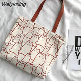 Weiyinxing Canvas Bags Handbag for Women Shopper Tote Bag Fashion Designer Bag Japanese Style Cartoon Cute Cats Small Eco Shoulder Bag
