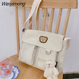 Weiyinxing Women's canvas bear Messenger bag Female Youth Student Fashion Crossbody Shoulder Bags woman Large Capacity Schoolbag for women