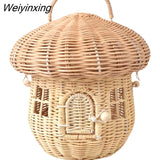 Weiyinxing Rattan Mushroom Basket Bag Designer Wicker Woven Women Handbags Lovely Summer Beach Straw Bag Bali Holiday Box Purses