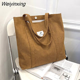 Weiyinxing New Vintage Corduroy Shoulder Bag for Women Cotton Cloth Handbag Solid Color Eco Shopping Reusable Large Shopper Totes Bags
