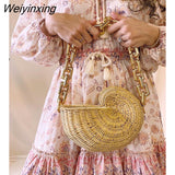 Weiyinxing Thick Chains Rattan Conch Women Shoulder Bags Design Wicker Woven Handbags Luxury Summer Beach Straw Bag Bali Purse 2023