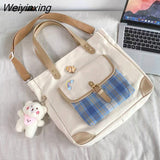 Weiyinxing Women Large Capacity One Shoulder Canvas Bag Women Handbag Shoulder Bag Checked Bag Student School Bag Tote Bag Shopper Bag