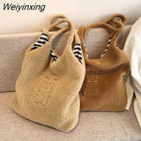 Weiyinxing Shoulder Bags For Women Simple Fashion Warm Fabric Large Capacity Shopping Bag Soft Canvas Tote Ladies Cute Bear Handbags