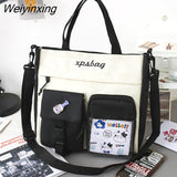 Weiyinxing Women Student Canvas Shoulder Bag High Capacity Messenger Bag Handbag Women Nylon School Bag Multiple Pockets Contrast Color Bag