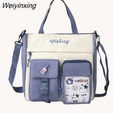 Weiyinxing Women Student Canvas Shoulder Bag High Capacity Messenger Bag Handbag Women Nylon School Bag Multiple Pockets Contrast Color Bag