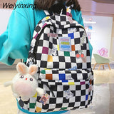Weiyinxing Women Laptop Plaid College Bag Cute Cartoon Girl Travel Backpacks Nylon Fashion Lattice Ladies Kawaii Backpack Female School Bag