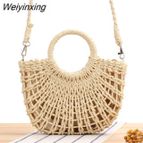 Weiyinxing New Trend Simple Style Popular Semi Round Straw Woven Bag Beach Hand Woven Handbag Holiday Women's Bag Casual Shoulder Bags