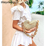 Weiyinxing Thick Chains Rattan Conch Women Shoulder Bags Design Wicker Woven Handbags Luxury Summer Beach Straw Bag Bali Purse 2023