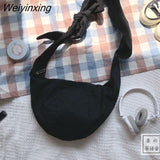 Weiyinxing Canvas Dumpling Bag Women's Shoulder Bag 2023 New Korean Chic Lace Up Half Moon Messenger Bag Lady